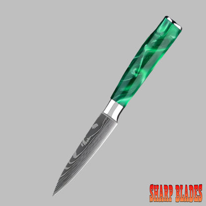 Stainless Steel Laser Damascus Pattern 3.5 Inch Fruit knife With Green Resin Handle