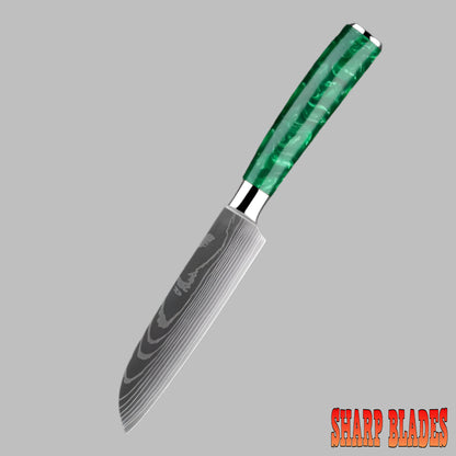 Stainless Steel Laser Damascus Pattern 5 Inch Santoku knife With Green Resin Handle