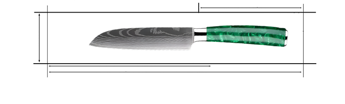 Stainless Steel Laser Damascus Pattern 5 Inch Santoku knife With Green Resin Handle Measurements