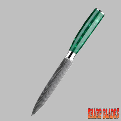 Stainless Steel Laser Damascus Pattern 5 Inch Utility Knife With Green Resin Handle