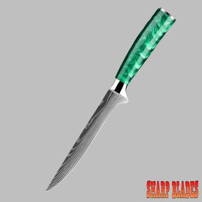 Stainless Steel Laser Damascus Pattern 6 Inch Boning knife With Green Resin Handle