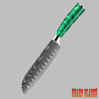 Stainless Steel Laser Damascus Pattern 7 Inch Santoku Knife With Green Resin Handle