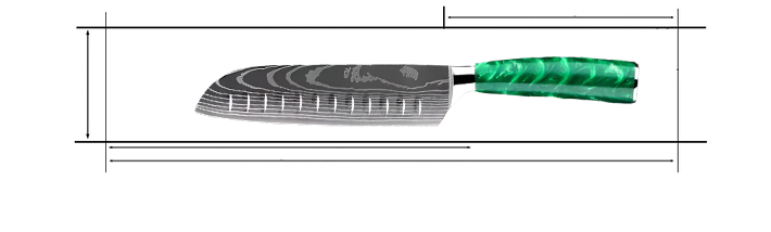 Stainless Steel Laser Damascus Pattern 7 Inch Santoku Knife With Green Resin Handle Measurements