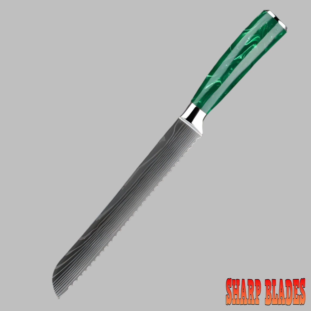 Stainless Steel Laser Damascus Pattern 8 Inch Bread Knife With Green Resin Handle