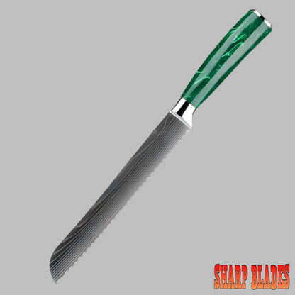 Stainless Steel Laser Damascus Pattern 8 Inch Bread Knife With Green Resin Handle