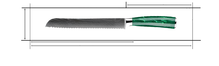 Stainless Steel Laser Damascus Pattern 8 Inch Bread Knife With Green Resin Handle Measurements