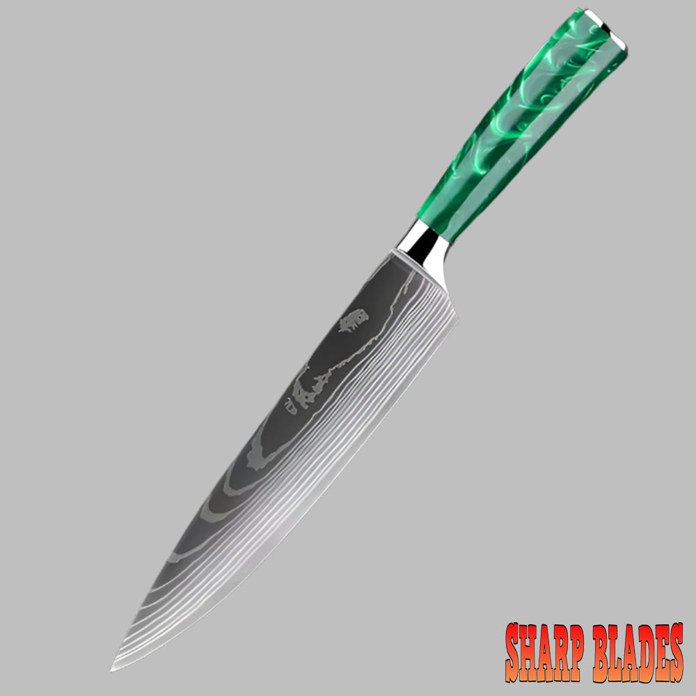 Stainless Steel Laser Damascus Pattern  8 Inch Chef Knife With Green Resin Handle