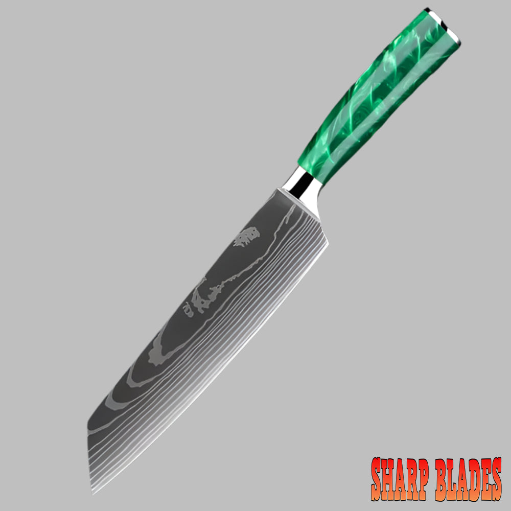 Stainless Steel Laser Damascus Pattern 8 Inch Kiritsuke Knife With Green Resin Handle