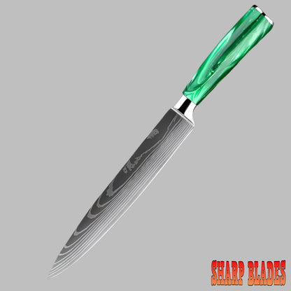 Stainless Steel Laser Damascus Pattern 8 Inch Slicing Knife With Green Resin Handle