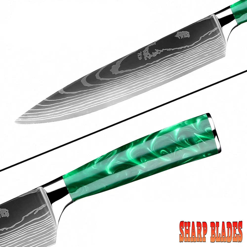 Stainless Steel Laser Damascus Pattern Set With Green Resin Handle