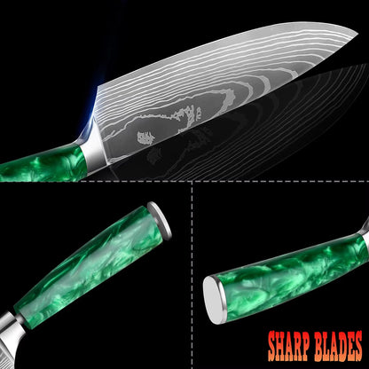 Stainless Steel Laser Damascus Pattern Set With Green Resin Handle