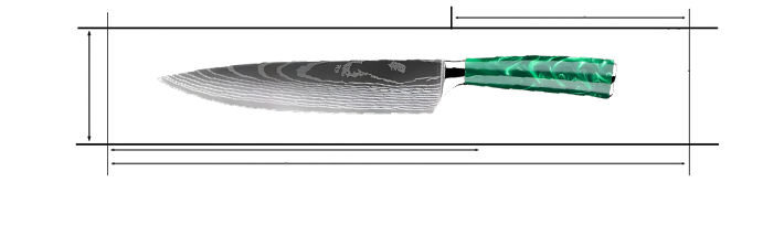 Stainless Steel Laser Damascus Pattern 8 Inch Chef Knife With Green Resin Handle Measurements