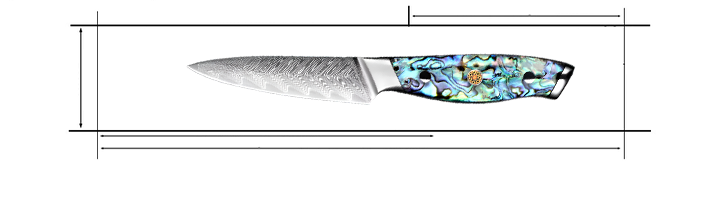 Damascus Steel 3.5 Inch Paring Knife with Shell Acrylic Resin Handles Measurements