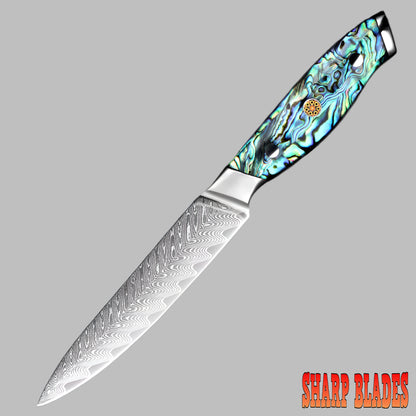 Damascus Steel 5 Inch utility knife with Shell Acrylic Resin Handle