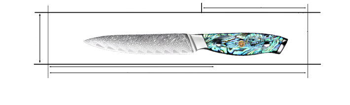 Damascus Steel 5 Inch Utility Knife with Shell Acrylic Resin Handles Measurements