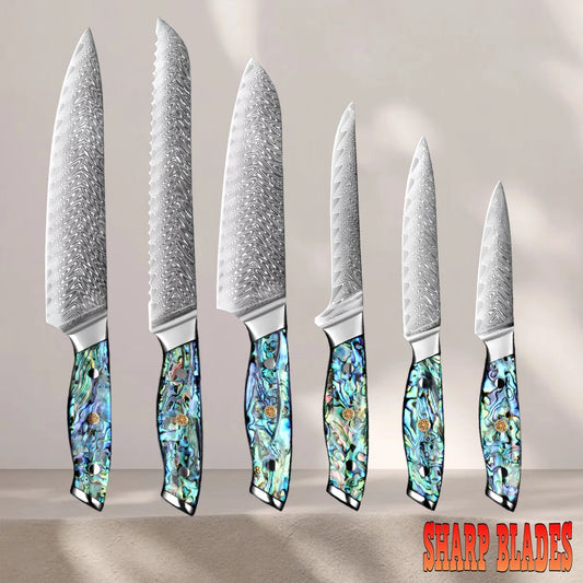 6 Piece Damascus Steel Knife Set with Shell Acrylic Resin Handles