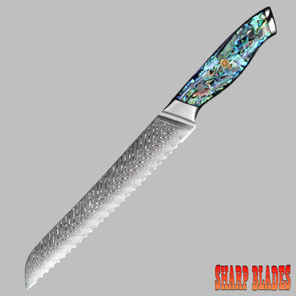 Damascus Steel 8 Inch bread knife with Shell Acrylic Resin Handle