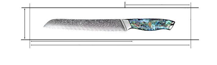 Damascus Steel 8 Inch Bread Knife with Shell Acrylic Resin Handles Measurements