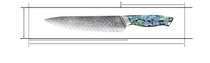 Damascus Steel 8 Inch Chef Knife with Shell Acrylic Resin Handles Measurements